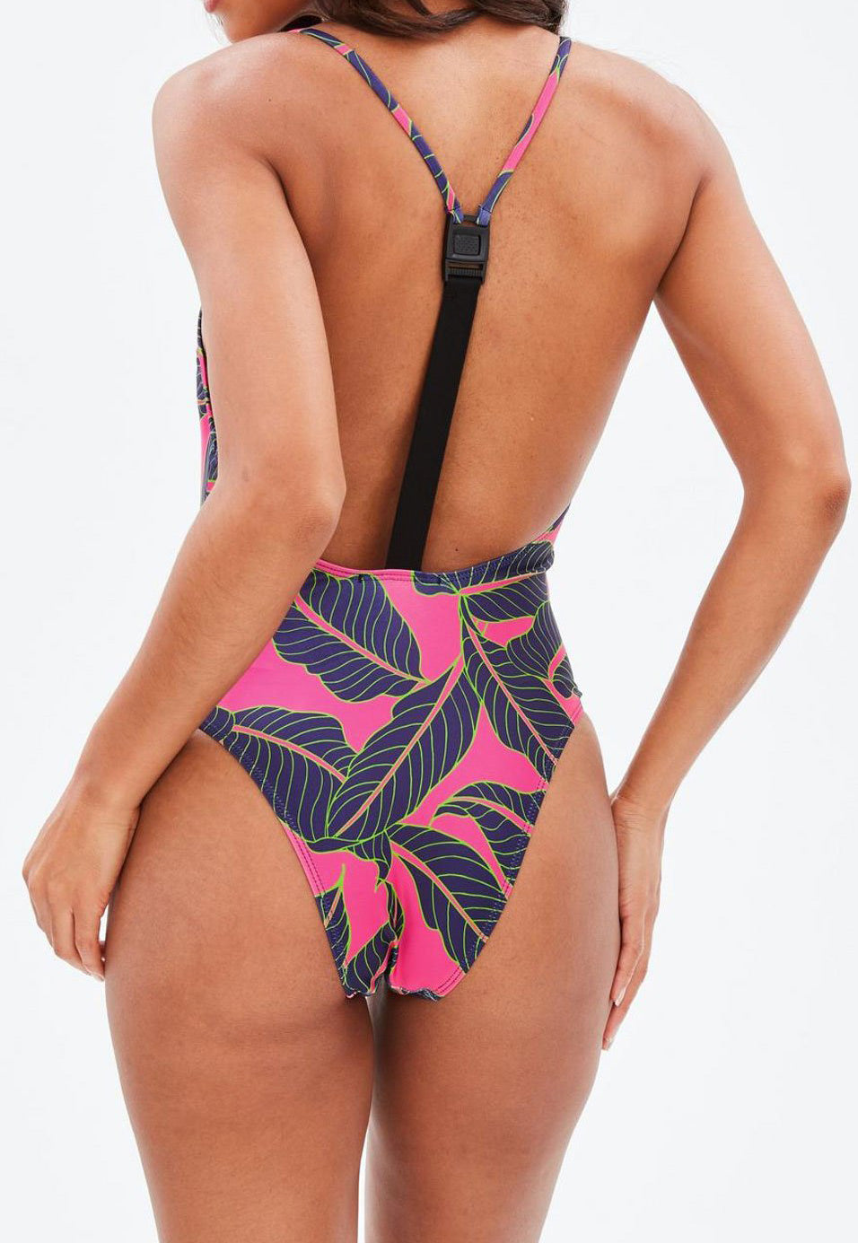 Pink and black leaf one piece